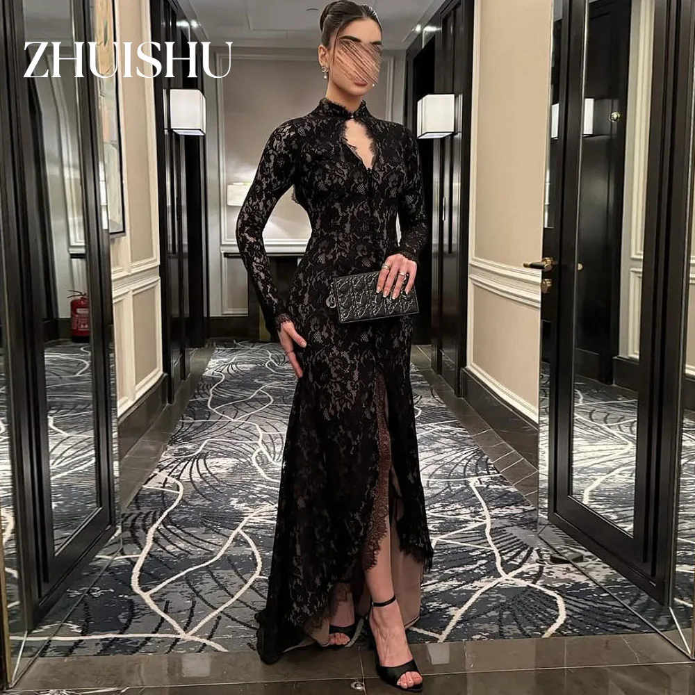 

ZHUISHU Luxury Lace Saudi Dubai Evening Gown High Collar Long Sleeves Backless Long Prom Party Dresses Customized Formal Event