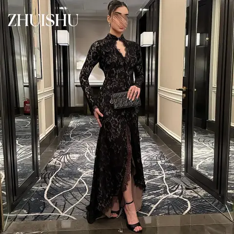 ZHUISHU Luxury Lace Saudi Dubai Evening Gown High Collar Long Sleeves Backless Long Prom Party Dresses Customized Formal Event