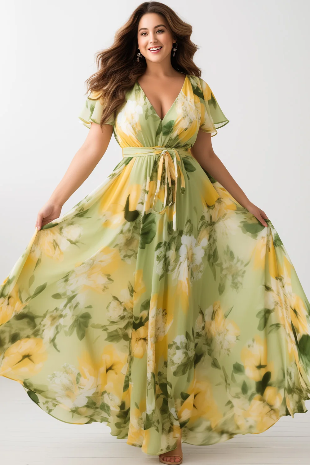 Flycurvy Plus Size Wedding Guest Yellow Green Floral Print Flutter Sleeve Maxi Dress