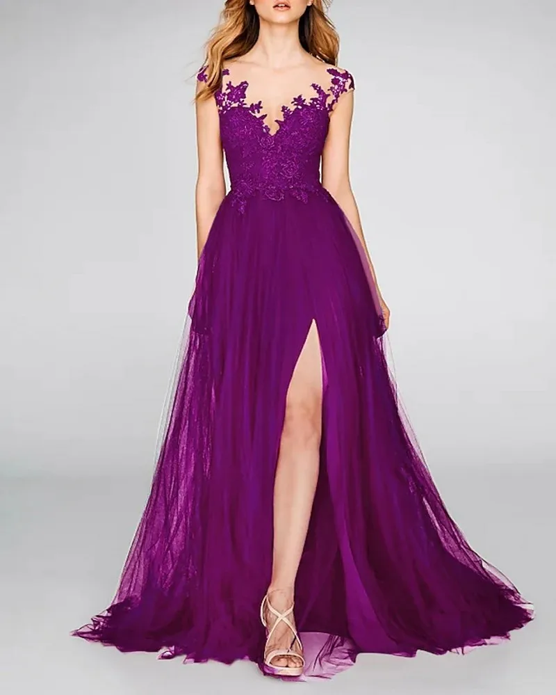 

Sexy Purple Evening Dress 2024 Sleeveless V Neck Illusion Back Slit Appliques Tulle Formal Prom Gown Robe De Soiree