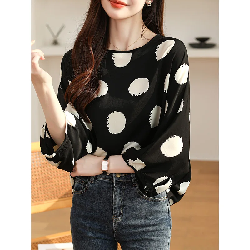 Vrouwen Mode O-hals Drie Kwart Chiffon Blouse Lente Zomer Casual Losse Polka Dot Shirts Office Lady All-Match Pullover Top