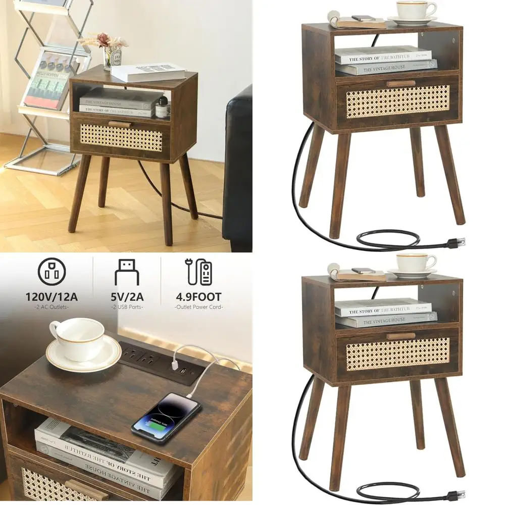 

Прикроватная тумбочка в стиле Mid-Century Modern из ротанга с зарядной станцией для спален и гостиных, ножки из массива дерева в деревенском коричневом цвете