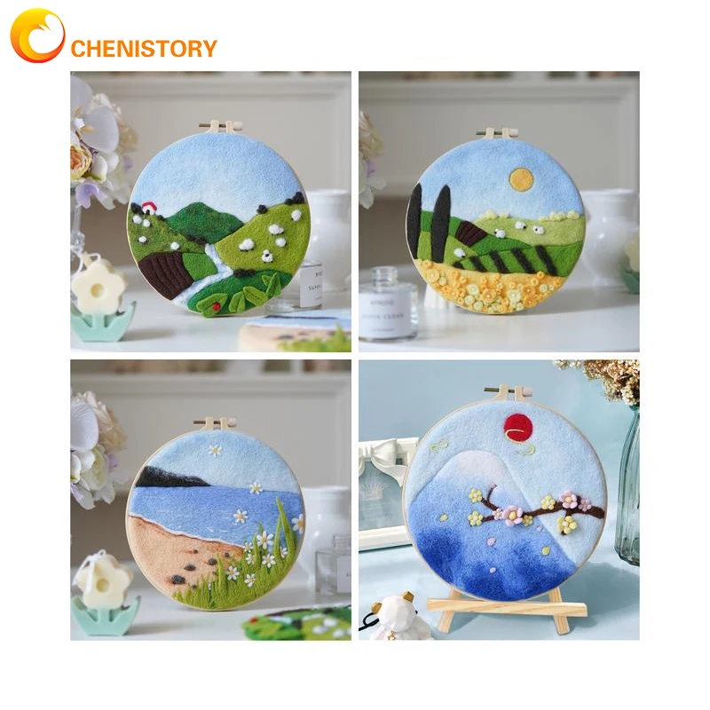 

CHENISTORY DIY Wool Felting Painting With Embroidery Frame Creative Landscape Needle Wool Painting Handmade For Home Wall Decor