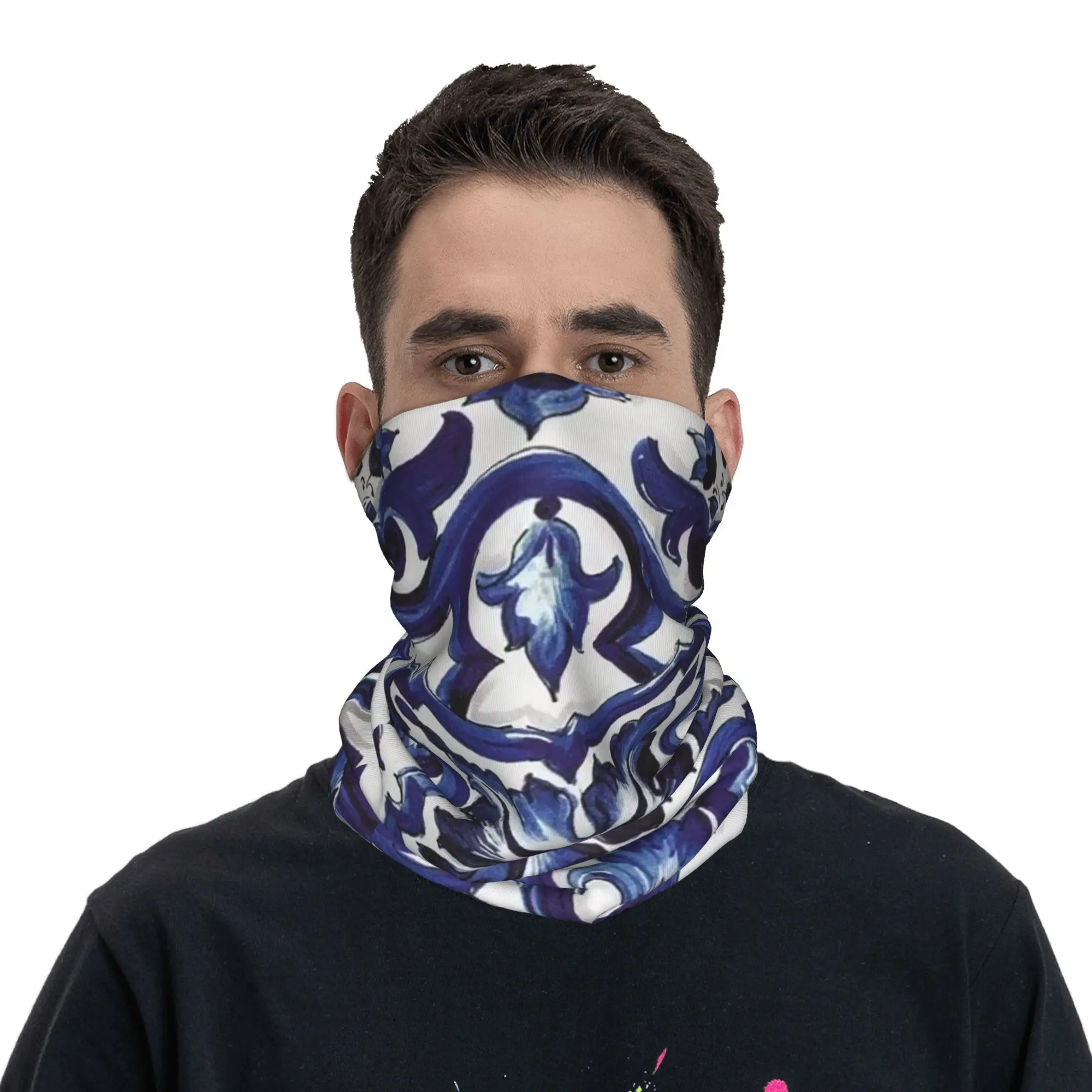 파란색 화려한 꽃 지중해 시칠리아 타일 두건 목 커버 인쇄 랩 마스크 스카프 Balaclava 남성 여성을위한 실행