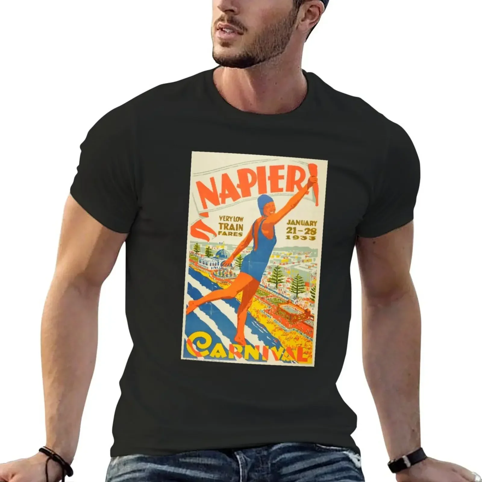 Napier Carnival - Vintage NZ Rail travel poser T-Shirt blue archive sublime t shirts men