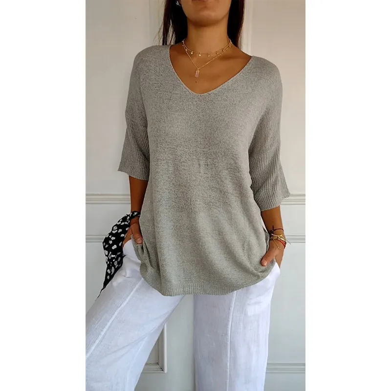 

Women's Sleeve Knitwear Solid Color Knitted V-neck Tops Basic Loose T Shirts Three Quarter Sleeve Casual Bottoming Shirt