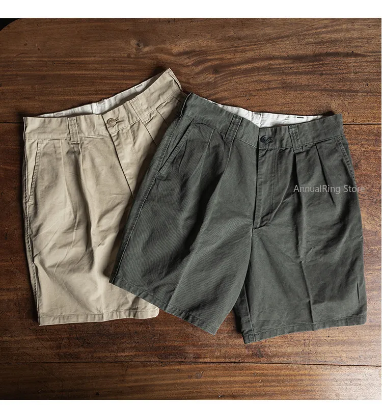 Non Stock Men's Retro Double Pleated Chino Shorts Cotton Twill Relaxed Fit Knee Length Cargo Shorts
