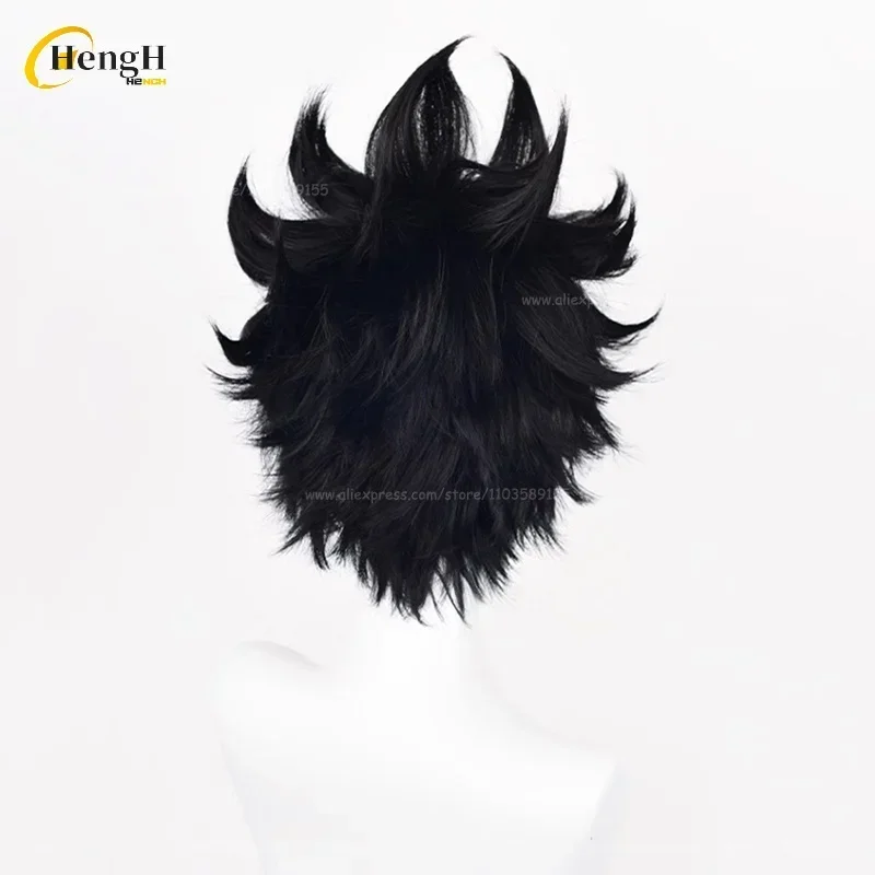 Hochwertige synthetische Anime Tetsurou Kuroo Perücke, kurz, 30 cm, schwarze Cosplay-Perücke, hitzebeständiges Haar, Party, Unisex-Perücken + kostenlose Perückenkappe