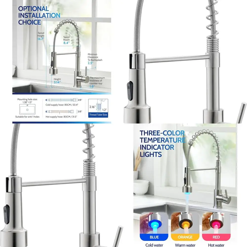 

LED-Illuminated High Arc Single Hole Stainless Steel Kitchen Faucet with Sprayer, Brushed Nickel Finish for Bar and RV Sinks