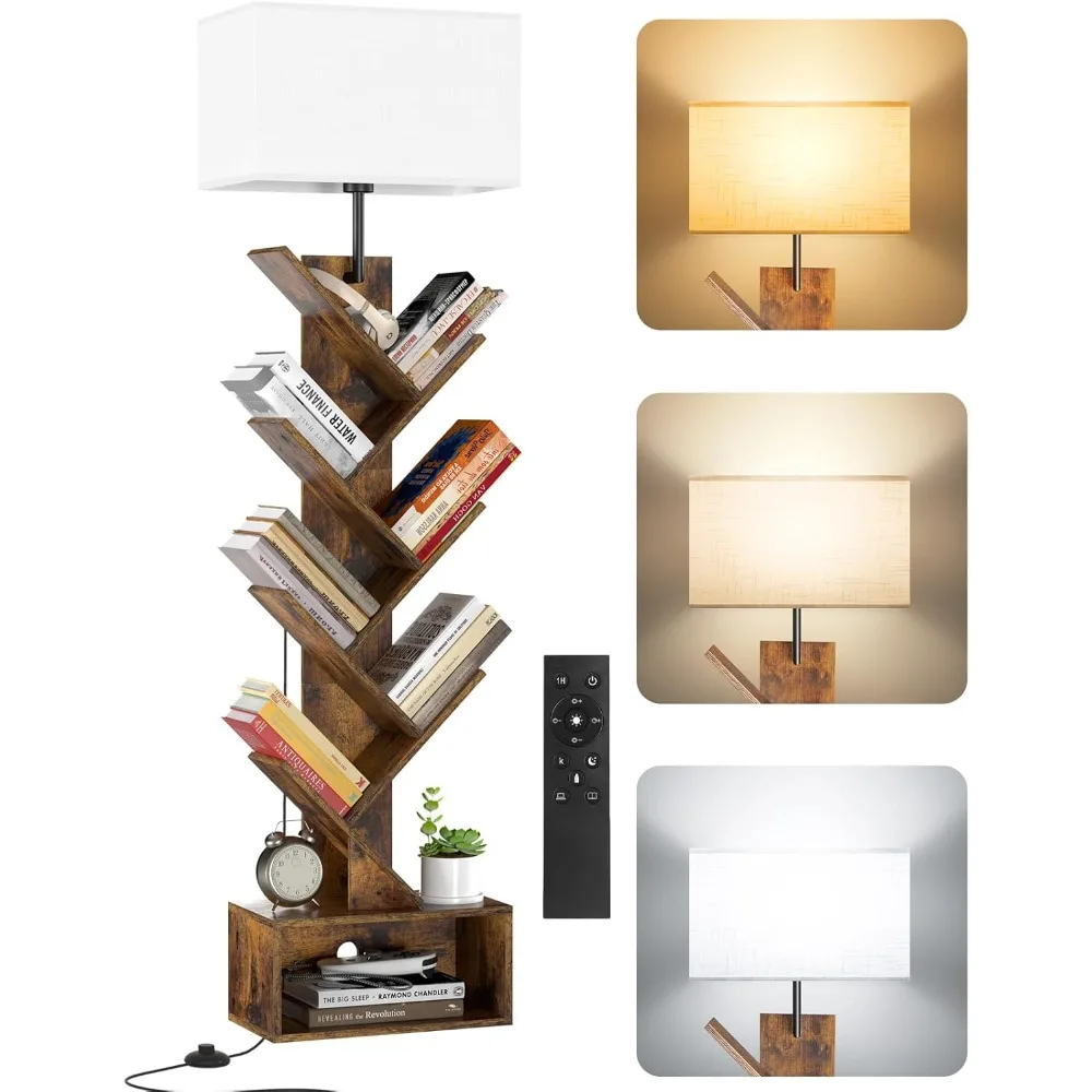 

6 Tier Tree Bookshelf with Light, Remote & Timer, Modern Tall Floor Standing Book Shelf, Narrow Wood Bookcase, Small Book Organi