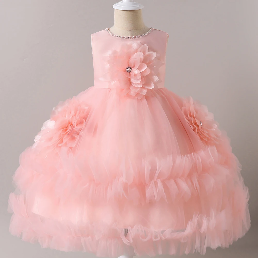 

HETISO Baby Girl One-piece Dress Big Flower Summer Kid's Princess Party Ball Gown Beading Collar Children Dresses 0-4 Years
