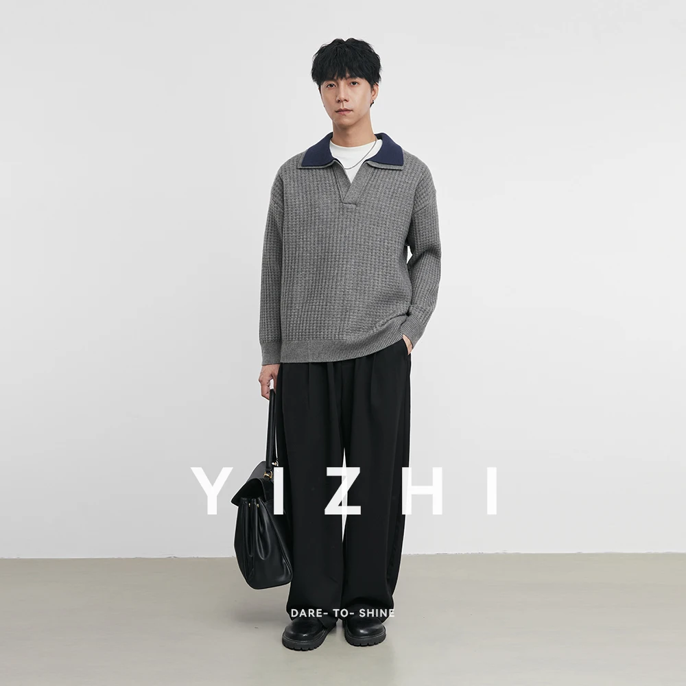 Fashion Men's Contrast Color Lapel Knitted Sweater 2025 Autumn and Winter New Loose Casual Tops Men's Polo Neck Sweater