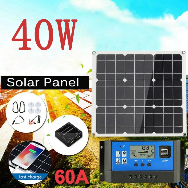 

Комплект монокристаллической солнечной панели мощностью 40 Вт с контроллером — стабильный выход напряжения для наружного питания и кемпинга