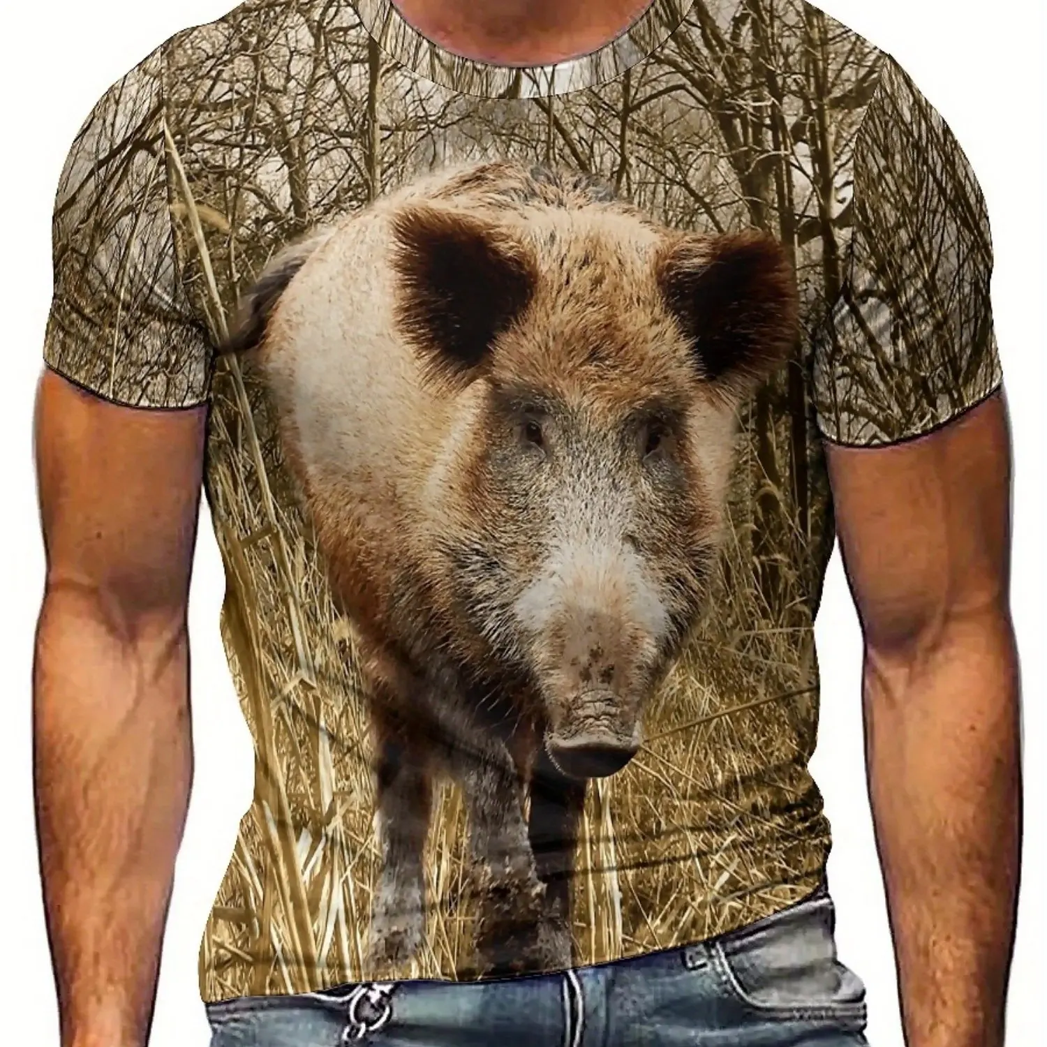 تي شيرت رجالي برسومات ثلاثية الأبعاد بطبعة الخنزير - تي شيرت بوليستر ناعم كبير الحجم مع تي شيرت بتصميم مموه