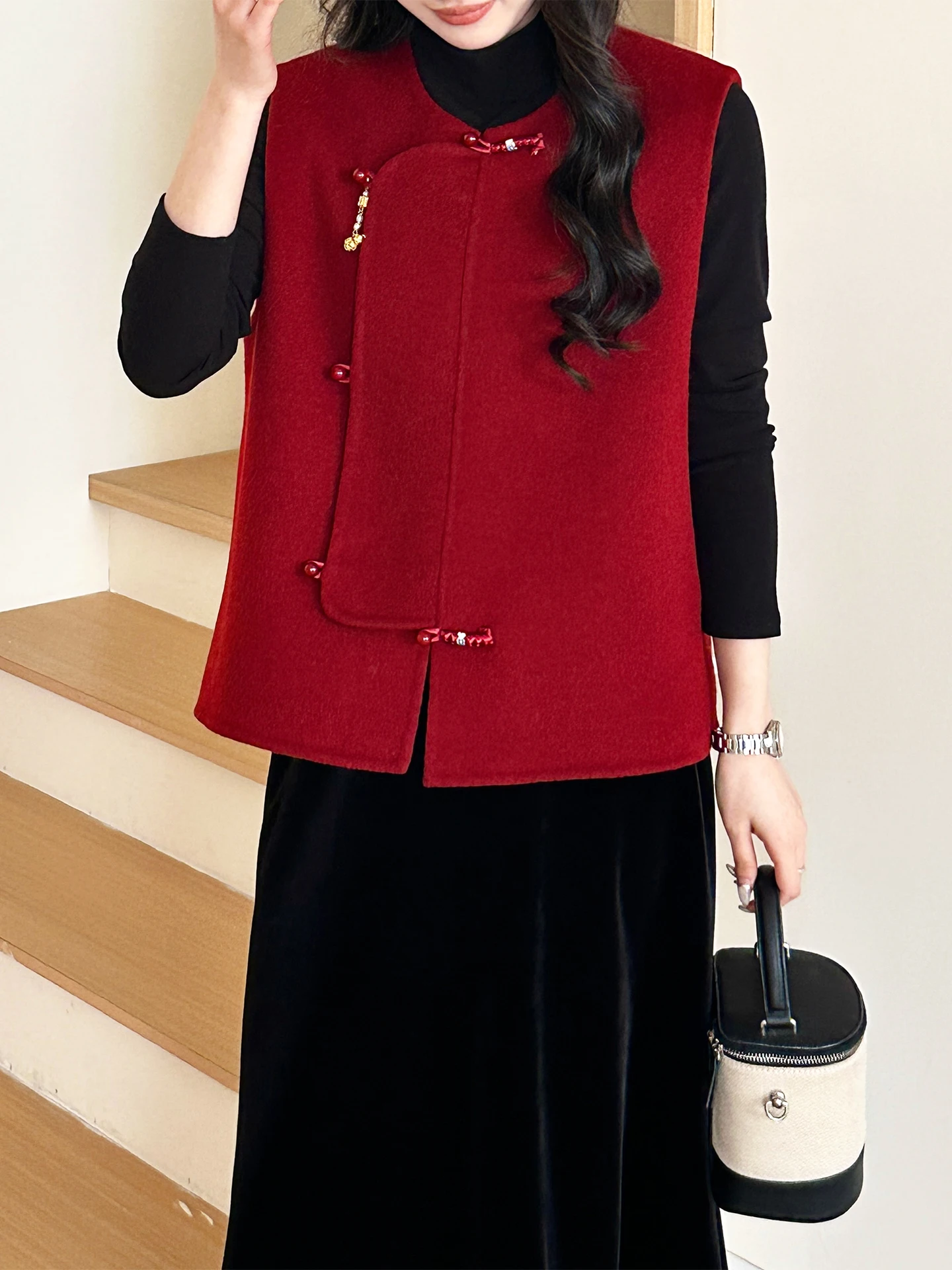 

Red Chinese Sle Woolen Double-sided Ni Outerwear Women's Jaet with Buttoned Sides Sugar Anne Fulu Lingmen