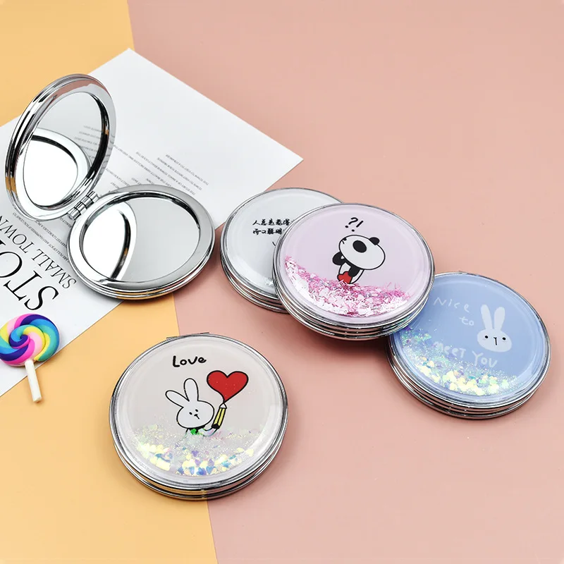 2-face Makeup Mirror Portable Quicksand Sequins Cartoon Cute Girl's Gift Hand Mirror Pocket Double-sided Makeup Mirror Compact