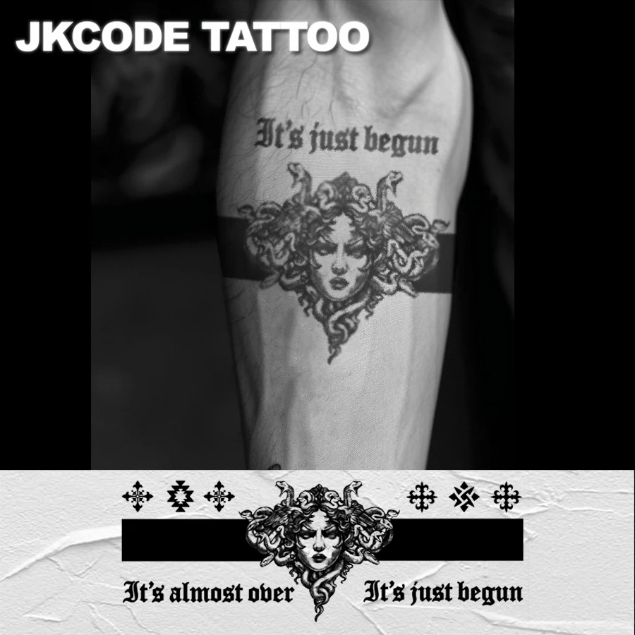 Large Size Tattoo-Dual-Purpose Arm Ring Tattoo-Roman Mythology Medusa-Black Arm Ring Tattoo Sticker-Medusa Finger and Arm Tattoo-Dual-Use Men's and Couple's Geometric Pattern Long Strip Bracelet Temporary Tattoo-Lasts for 3-5 Days