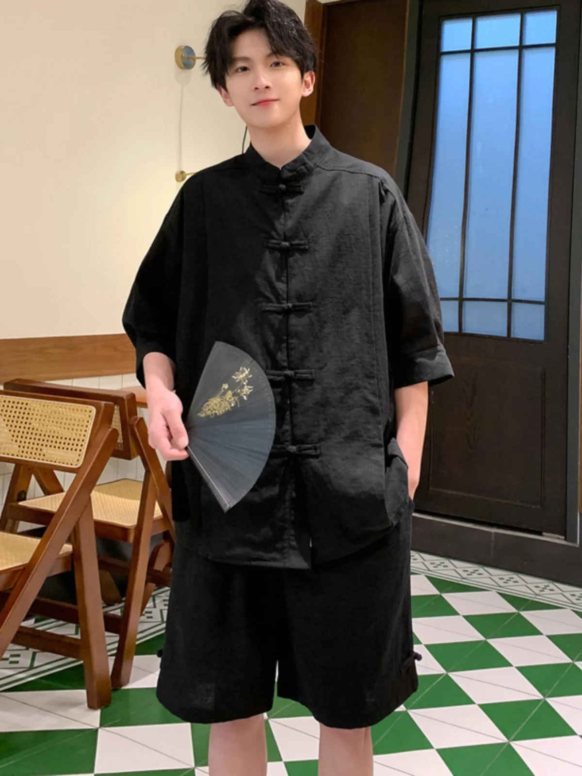 

New Chinese Style Cotton Linen Casual Set Men's Summer Retro Tang Costume Hanfu Trendy Brand Two Piece Set Teenage Polyester ...