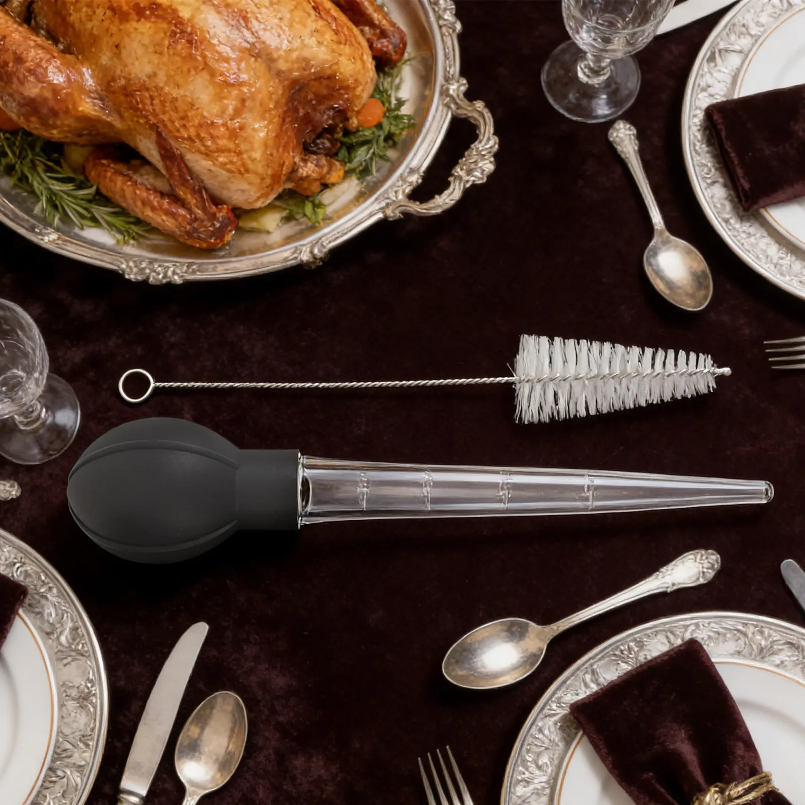 Transparent Kitchen Turkey Baster Food Grade Suction Bulb for Cooking Roasting Bbq Meat Marinade Tool with Cleaning Brush