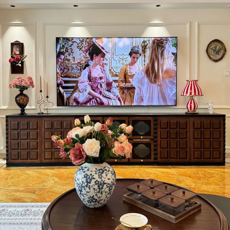 solid wood floor-to-ceiling TV cabinet, four-leaf clover module combination cabinet, living room storage display cabinet
