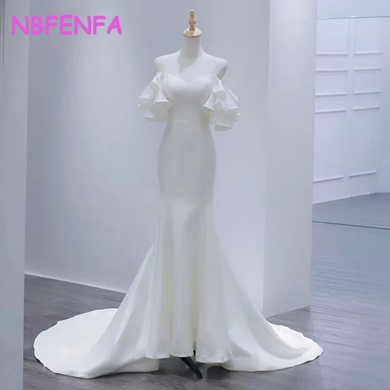 

French Mermaid Sexy Off Shoulder White Satin Trailing Wedding Dresses for Bride Large Size Luxury Long Prom Party Female Dresses