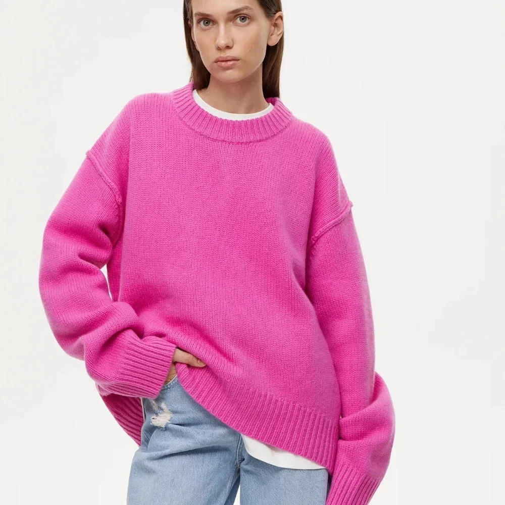 Fashion Loose Knitted Pullover Women‘s Autumn Winter Casual Solid Color O-neck Basic Thick Warm Oversized Knitted Sweater Female