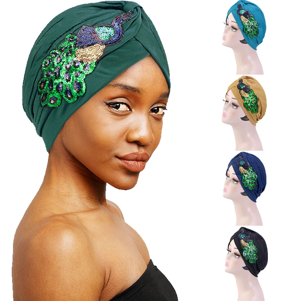 2024 New Muslim Women Knotted Turban Sequin Peacock Bonnet Cancer Chemo Cap Beanies Bonnet Hijab Headscarf Hair Loss Headwear