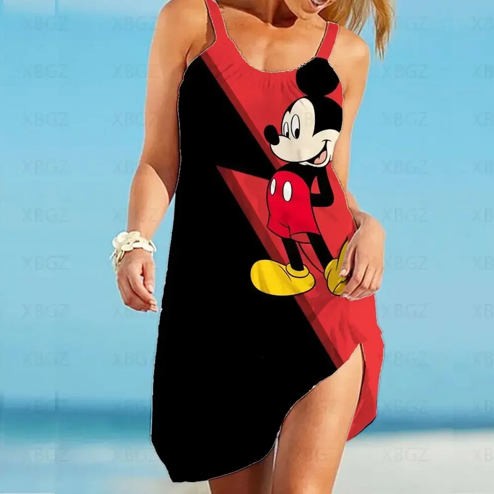 Summer Dresses Woman 2024 Disney Plus Robe Loose Sexy Dress Minnie Mouse Women\'s Boho Sling Top Cartoon Beach Print Fashion