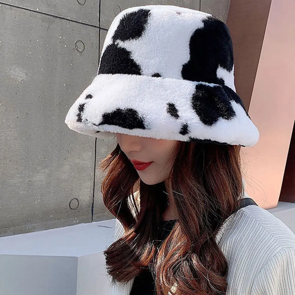 Cow Stripe Bucket Hat Plush Warm Fisherman Cap Soft Winter Casual Panama Hat Outdoor Men Women Sun Cap Black Red Blue Pink Brown