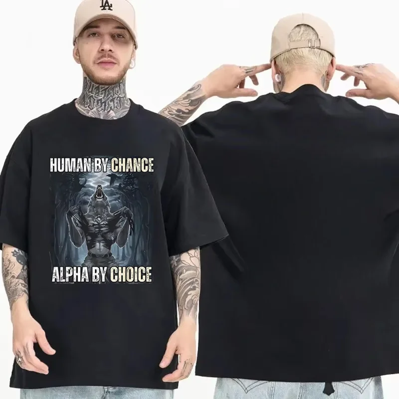 2025 الصيف الإنسان فرصة ألفا من اختيار وولف مضحك ميمي 100% القطن الخالص تي شيرت مطبوع الرجال قصيرة الأكمام المتضخم Y2k
