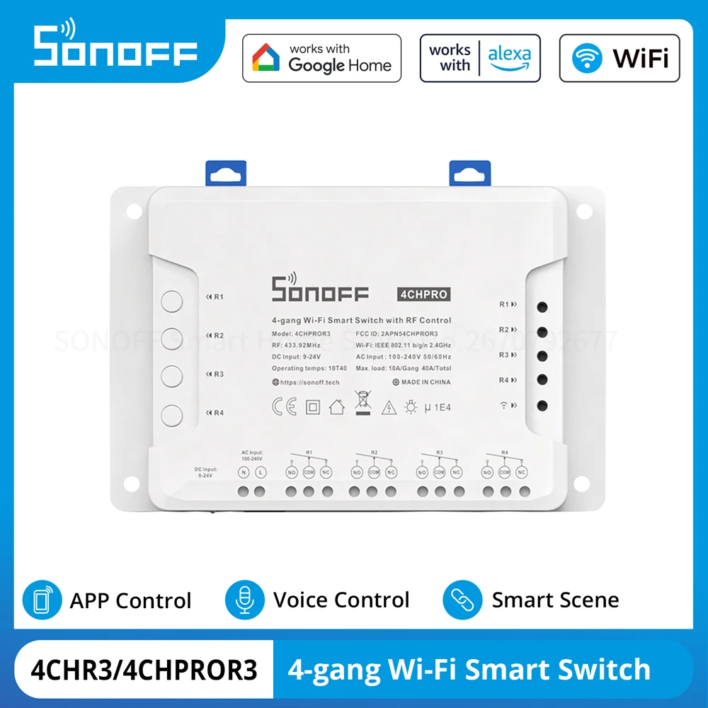 SONOFF 4CHR3/4CHPROR3 4-gang Wi-Fi Smart Switch with RF Control Voice Remote Timer Control via eWeLink Support Alexa Google Home