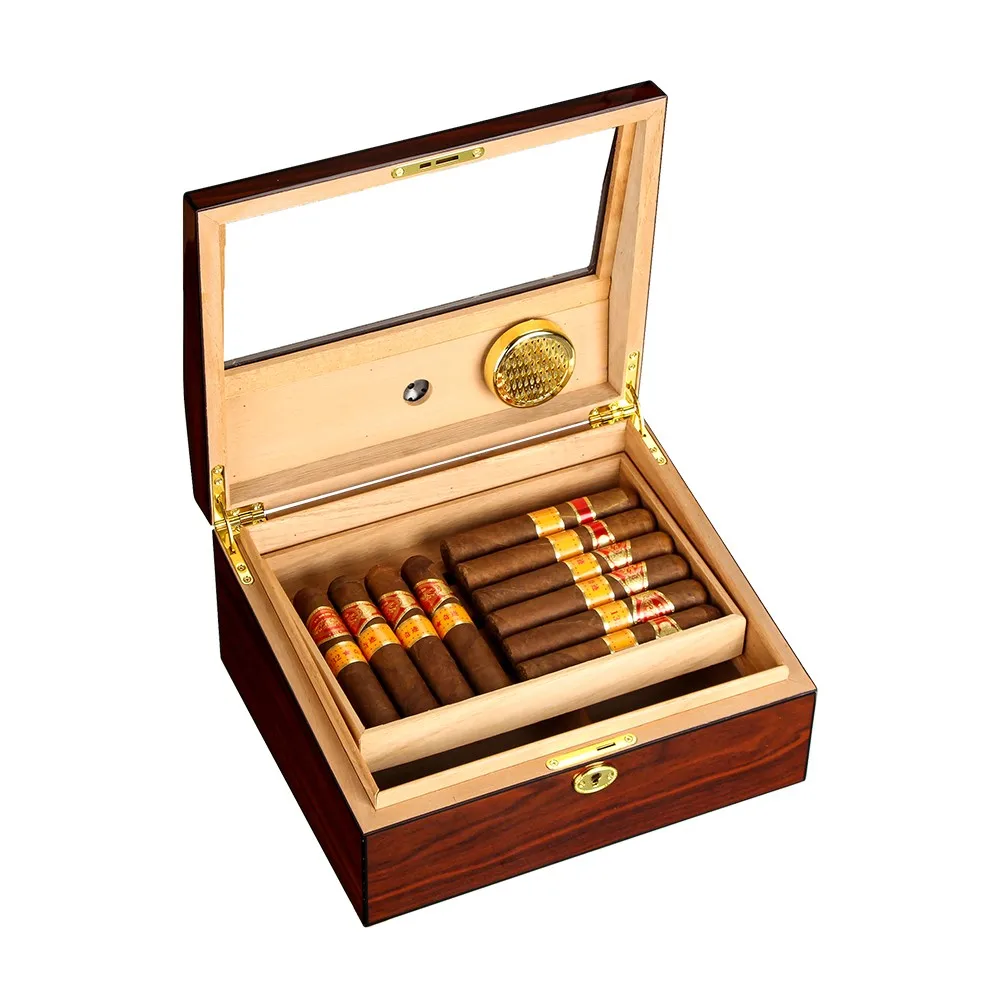 GALINER Cedar Wood Humidor Box Home Large Capacity Glass Top With Humidifier Hygromete Cigar Humidor