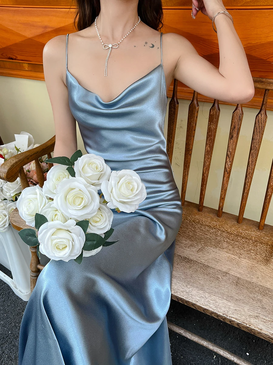 Frauen Sommer Sexy Schwingen Kragen Acetat Langes Kleid Dame Elegante Einfarbig Elegante Ärmellose Party Urlaub Kleid