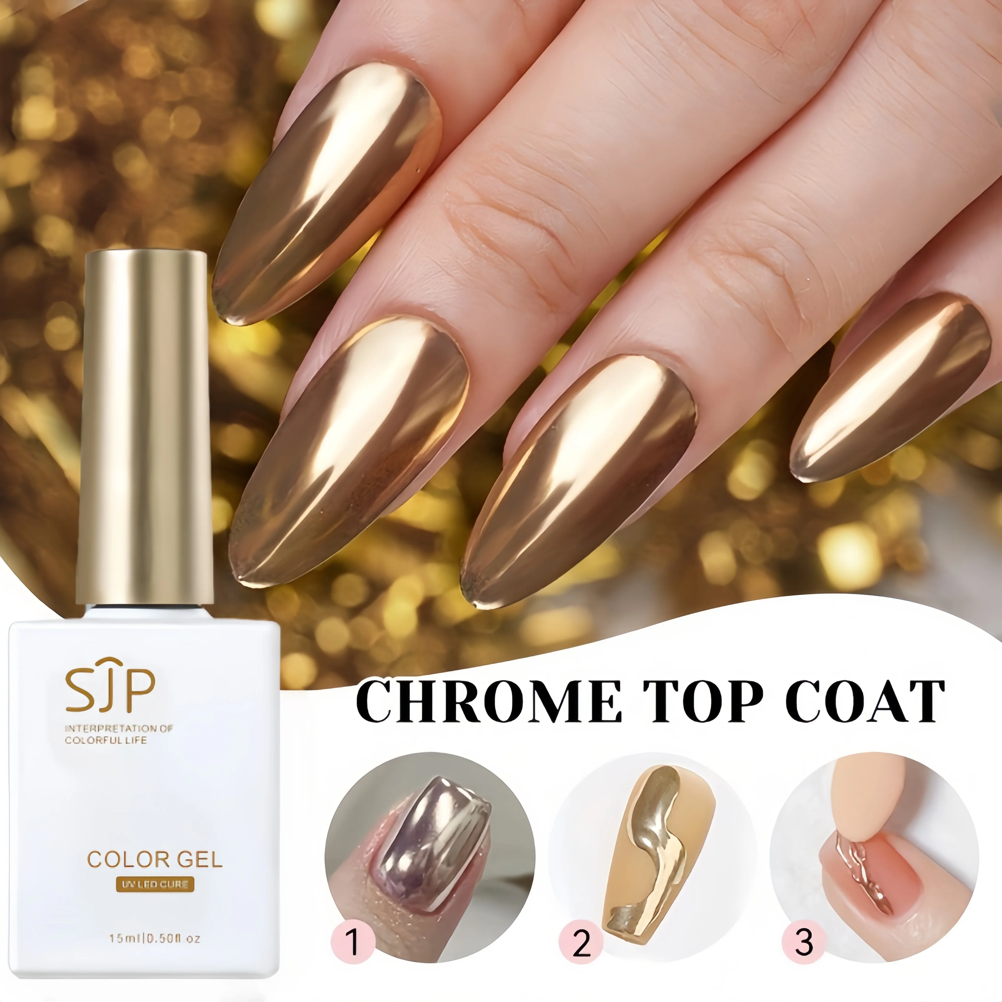 15ML Chrome Top Coat Gel, LED Curing Super Bright Mirror Finish, DIY Nail Polish Long Lasting Alcohol-Free Formula, Professional