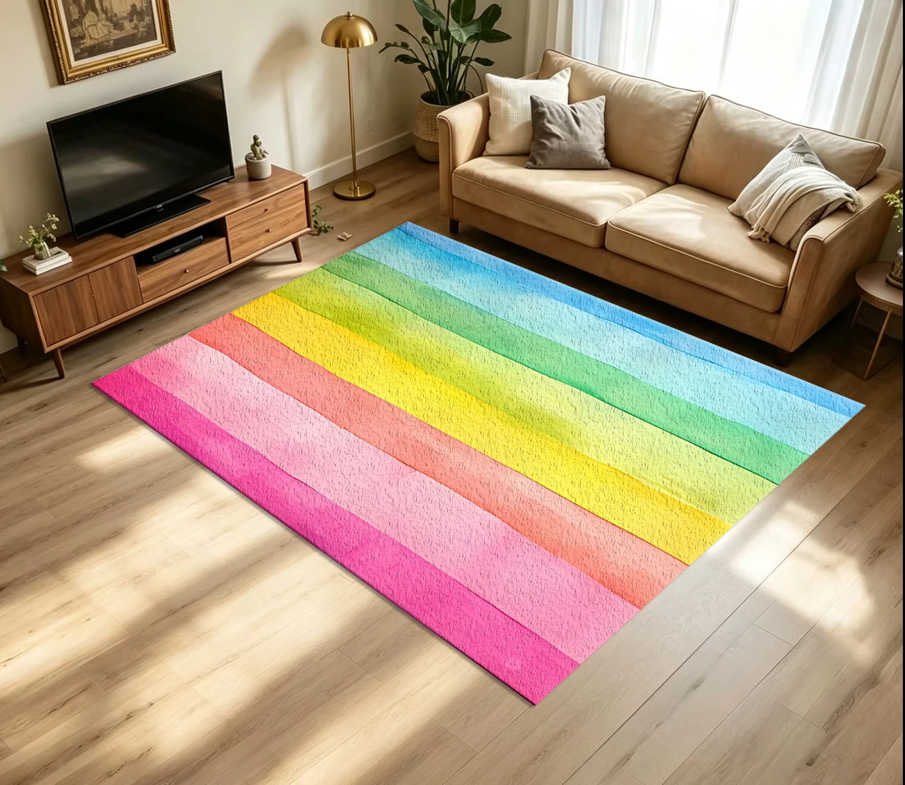 Colorful Rainbow Watercolor Horizontal Striped Carpet Flooring Bright Art Large Area Rug for Kids Room Home Decoration