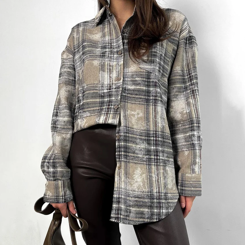 2024 Spring New Style Shirt Cotton Medium Style Euro-America Style Plaid Long Sleeve Casual All-match Women Blouse