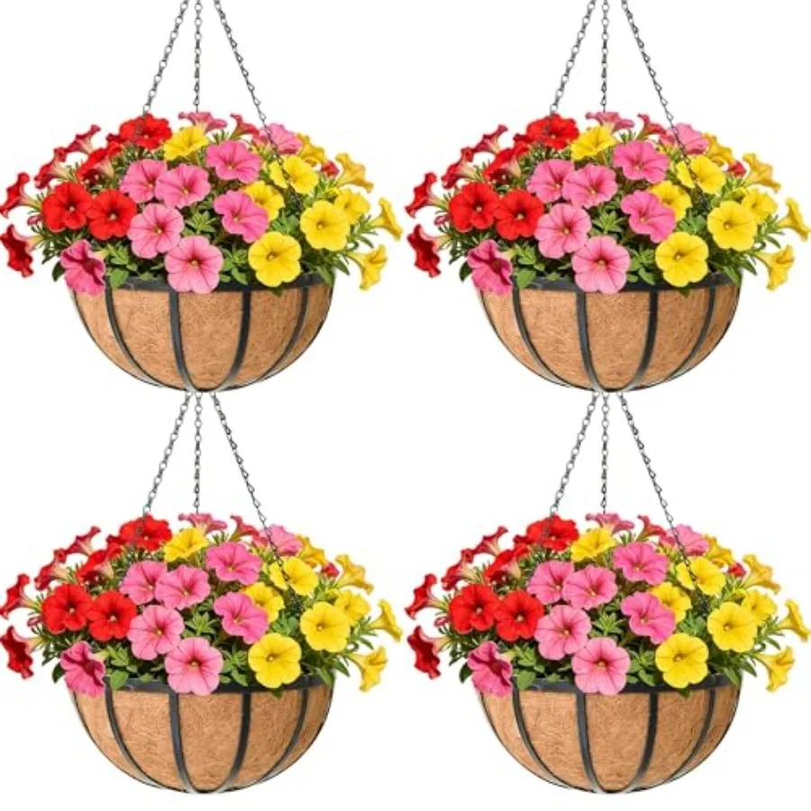 

Black Flat Iron Metal Hanging Planter Basket with Coco Coir Liner Pack Hanging Planters for Outdoor Plants Hanging Baskets for