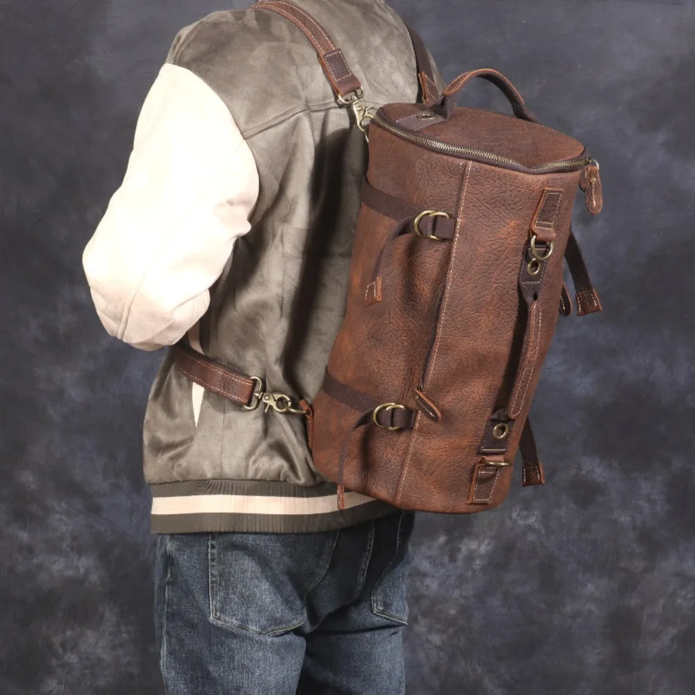 Men's Leather Backpack Large Versatile Capacity First Layer Simple Cowhide Fashion Travel Backpack Bucket OneShoulder Crossbody
