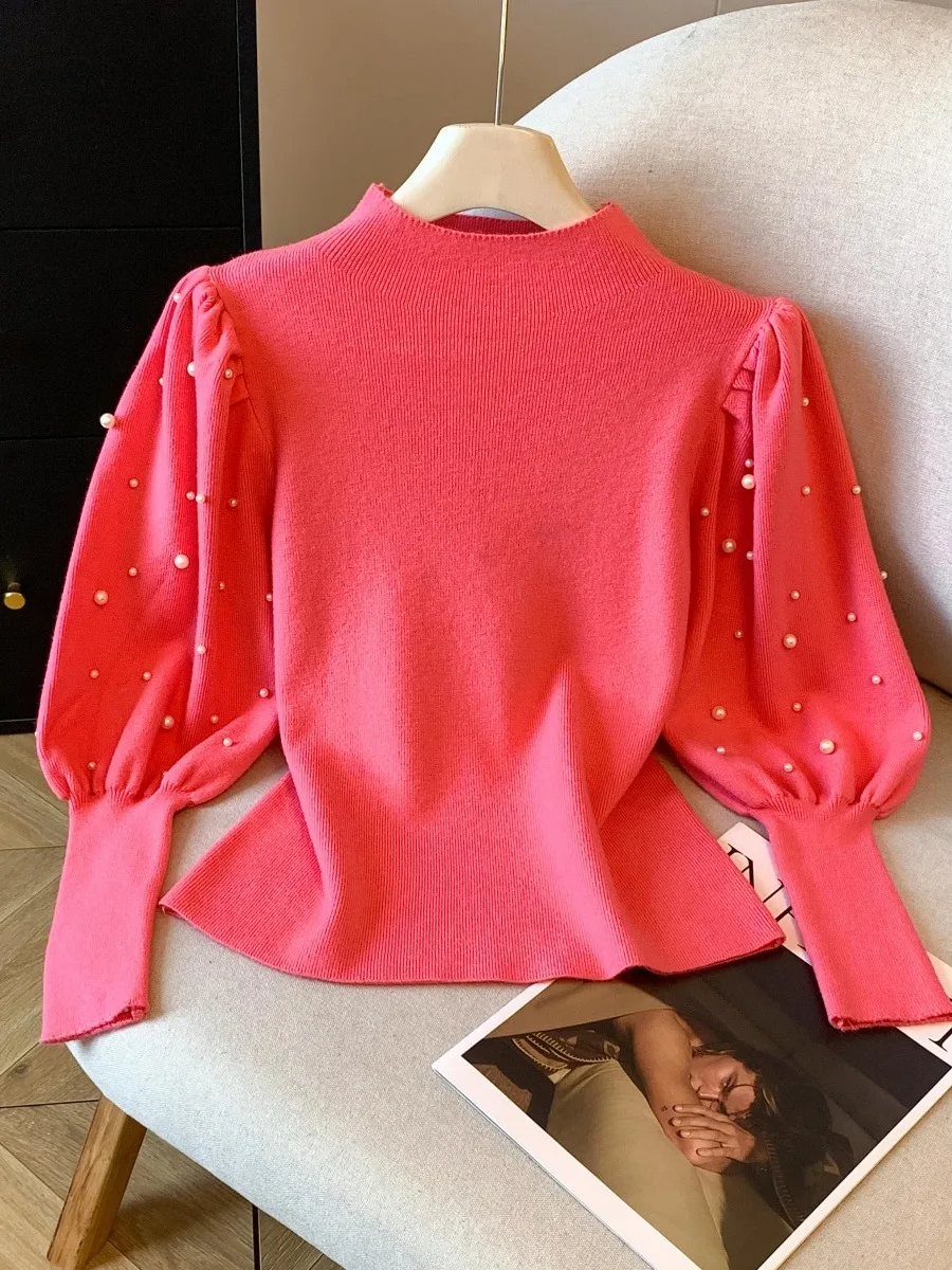 

Французский пуловер с полувысоким воротником, толстовка, облегающий женский топ с рукавами-фонариками и бисером, осень-зима, универсальные базовые рубашки