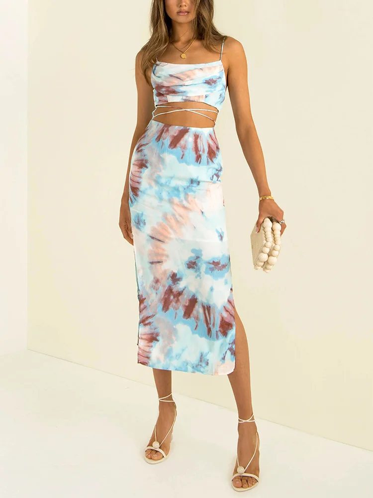 Vestido de verano para mujer 2022 tirantes finos tie dye estampado abertura lateral sexy midi vestido cintura recortada encaje hasta noche fiesta ceñido al cuerpo vestido