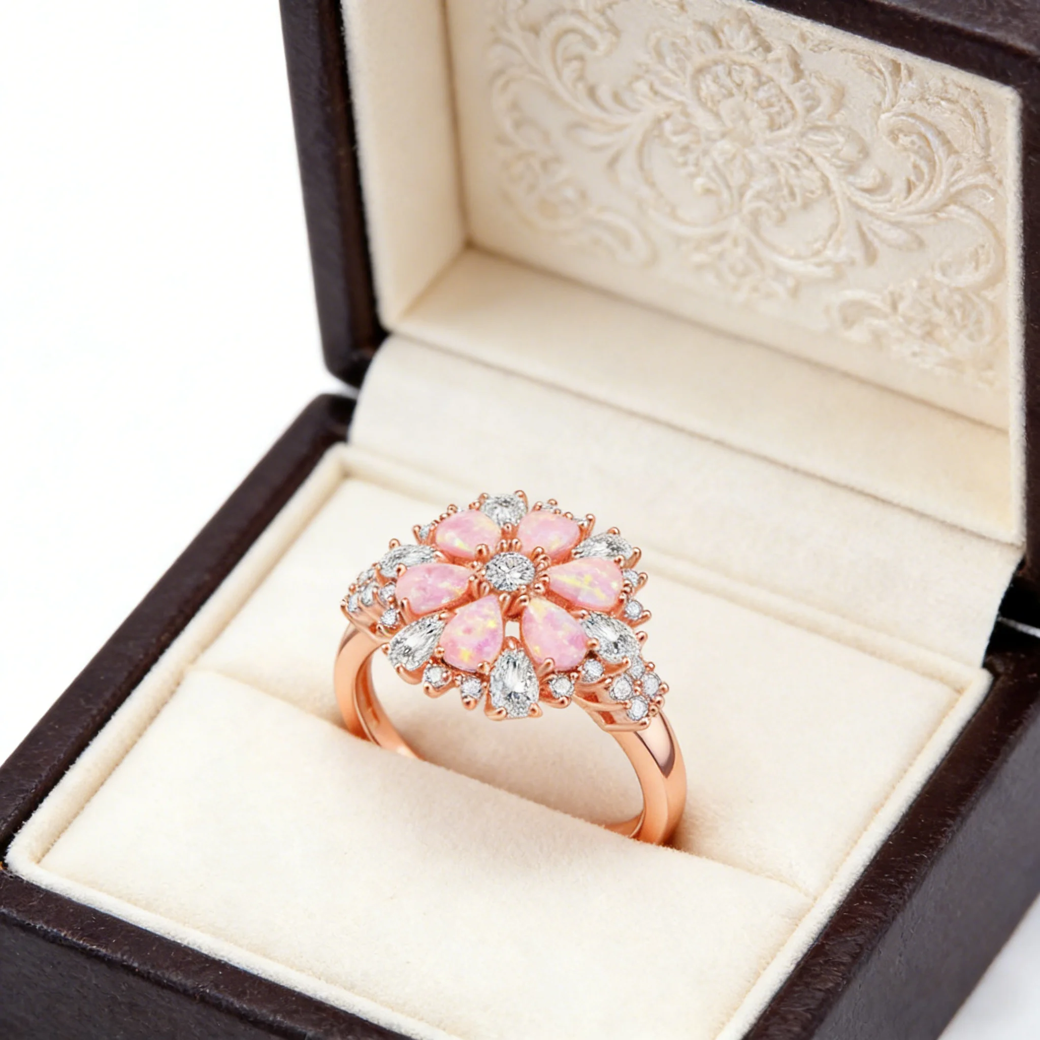 Luxury Flower Pink Opal Cubic Zirconia Ring for Women Rose Gold Plated Wedding Band Best Gift for Girls