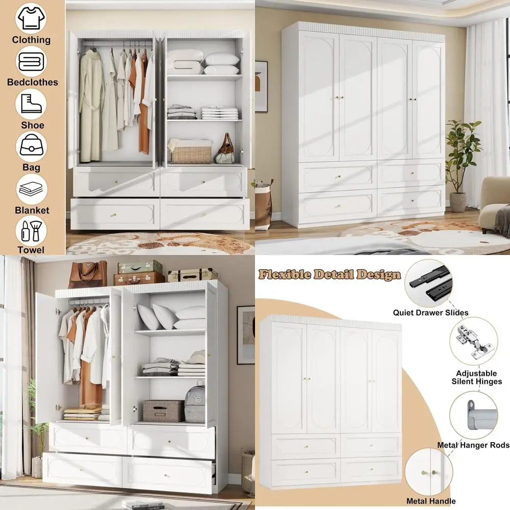 

74 High 4-Door Wooden Armoire with 4 Drawers - White Bedroom Wardrobe Closet