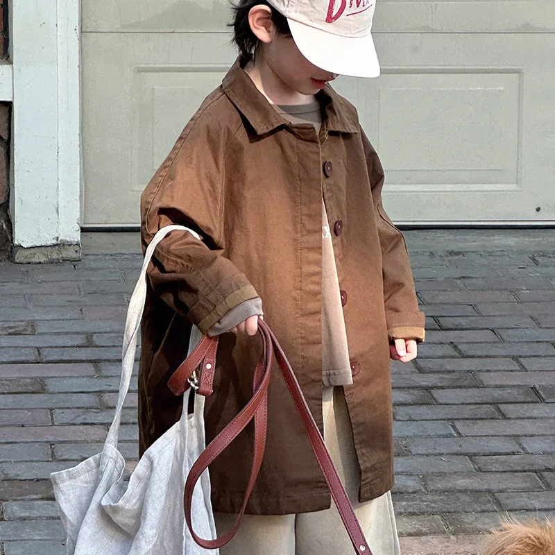 

Boys 2025 Spring Autumn Childrens Coat Cool Handsome Outdoor Caramel Casual Korean Style Turndown Collar Coat