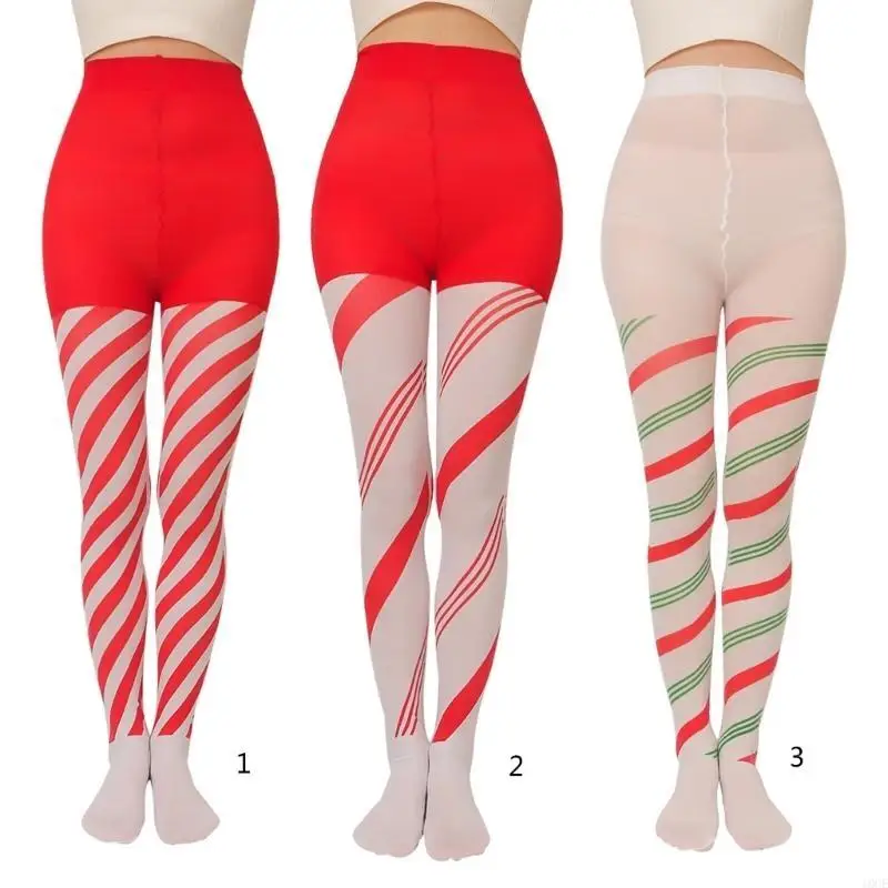 Christmas Striped Full Length Tights Holiday Colorblock Thigh High Stockings
