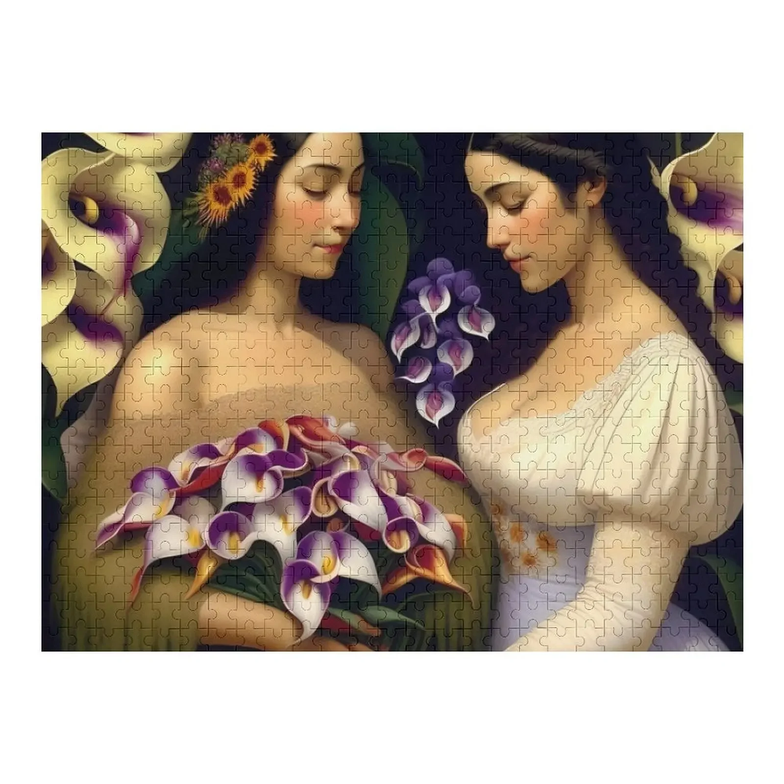 

The calla lilies sellers, two sisters from Oaxaca de Juarez taking flowers to the flower market Mexican still life Jigsaw Puzzle