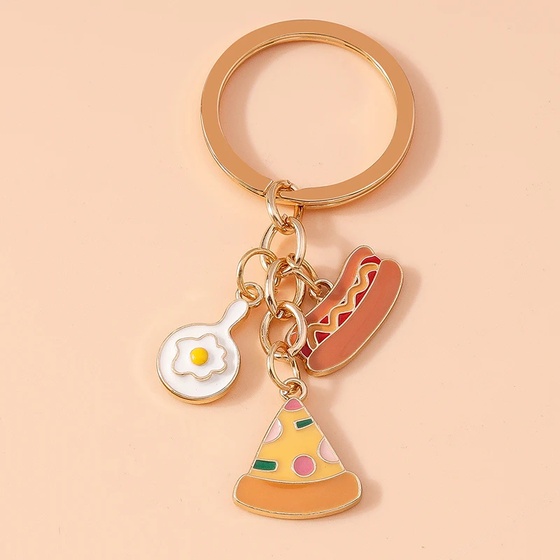 Cute Enamel Simulation Food Keychain Hot Dog Pizza Key Rings Pendants for Key Holder Women Girls Handbag Decor Jewelry Gifts