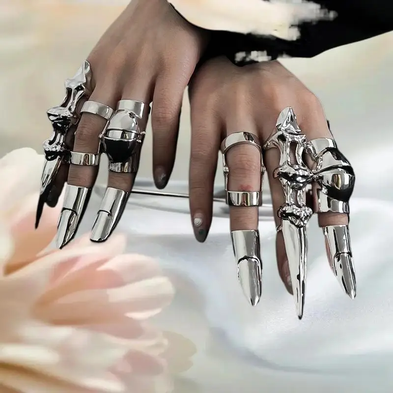 Cincin Tulang Jari Telunjuk Eksoskeleton Punk Metal, Cincin Ujung Jari Mesin Rock Gothic, Cincin Jari Panjang, Perhiasan Hadiah