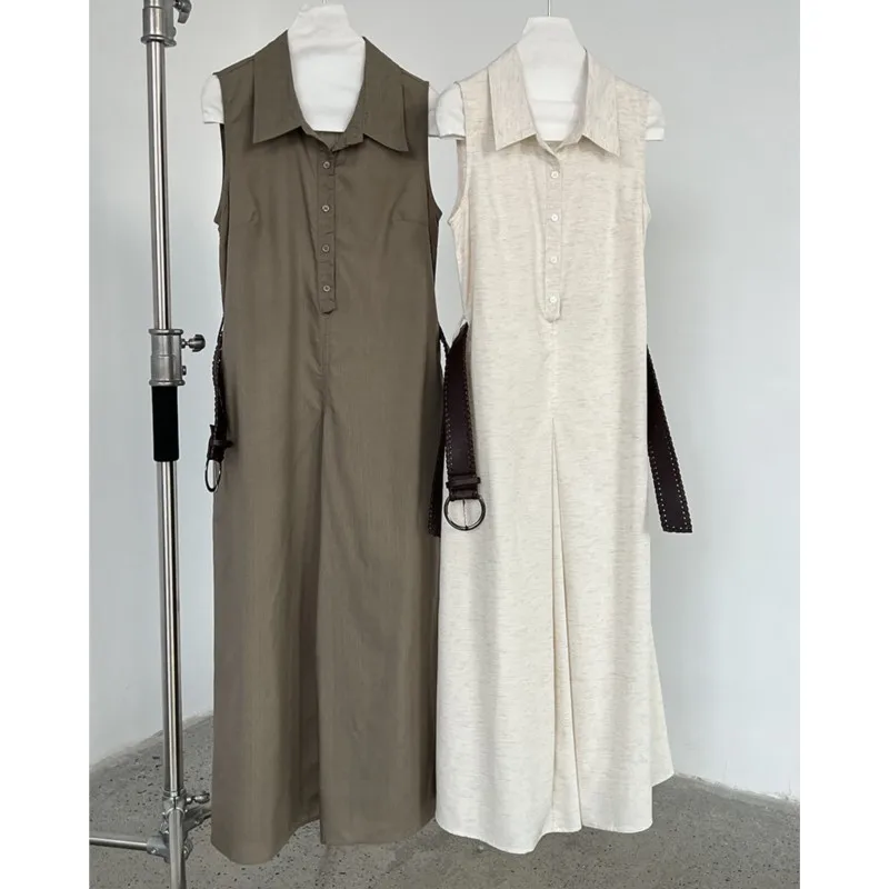 فستان قميص جديد من القطن والكتان من جوهنيتشر مع حزام للنساء لصيف 2025 فساتين جديدة غير رسمية فضفاضة الخصر بدون أكمام