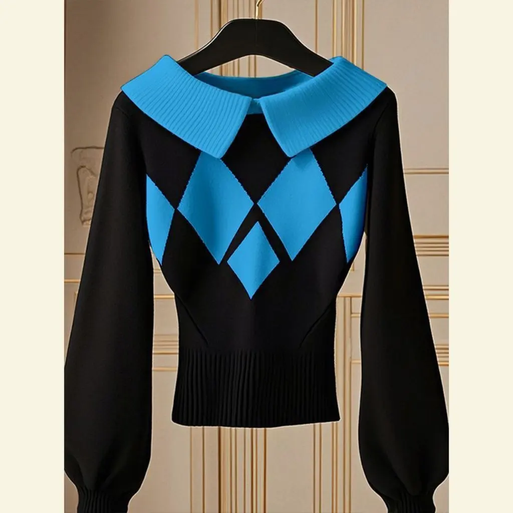 

Korean-style Chic Rhomboid Knit Sweater for Women Autumn Winter European-style Unique Lazy-Style Fashionable Outerwear