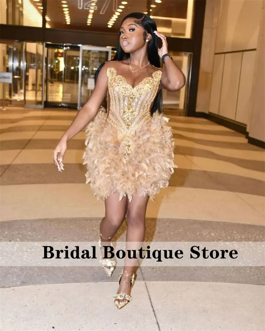 Luxury Gold Diamond Short Prom Dress Luxury Sheer Neck Bead Crystal Feather Birthday Party Cocktail Homecoming Gowns Customized image 5